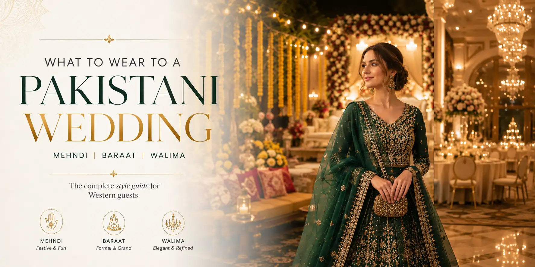 Western guest wearing an elegant emerald green Pakistani lehenga with a draped dupatta at a luxury Pakistani wedding venue, representing Mehndi, Baraat, and Walima dress code inspiration for first-time wedding guests.