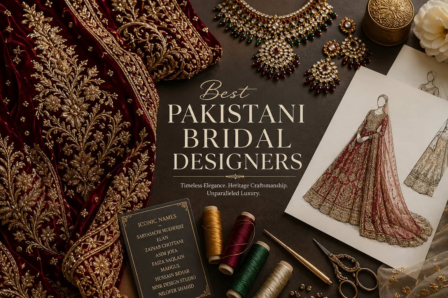Close-up of intricate hand-embroidery and fabric swatches for Pakistani bridal couture.