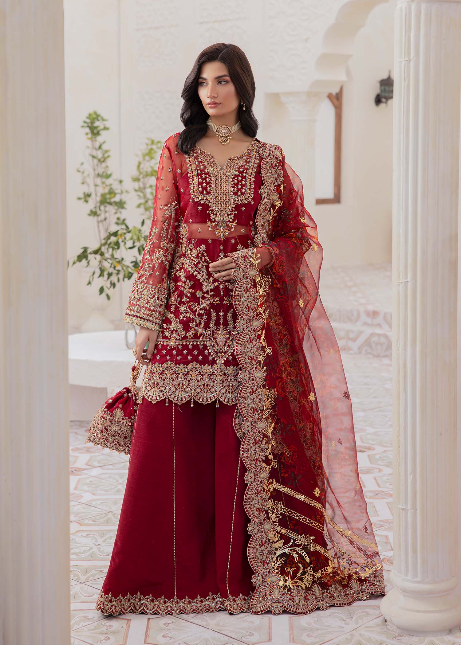 Kanwal Malik Red Shirt with Flared Pants for Luxury Wedding wear - Pakistani Designer Wear for Women in UK | Kifat