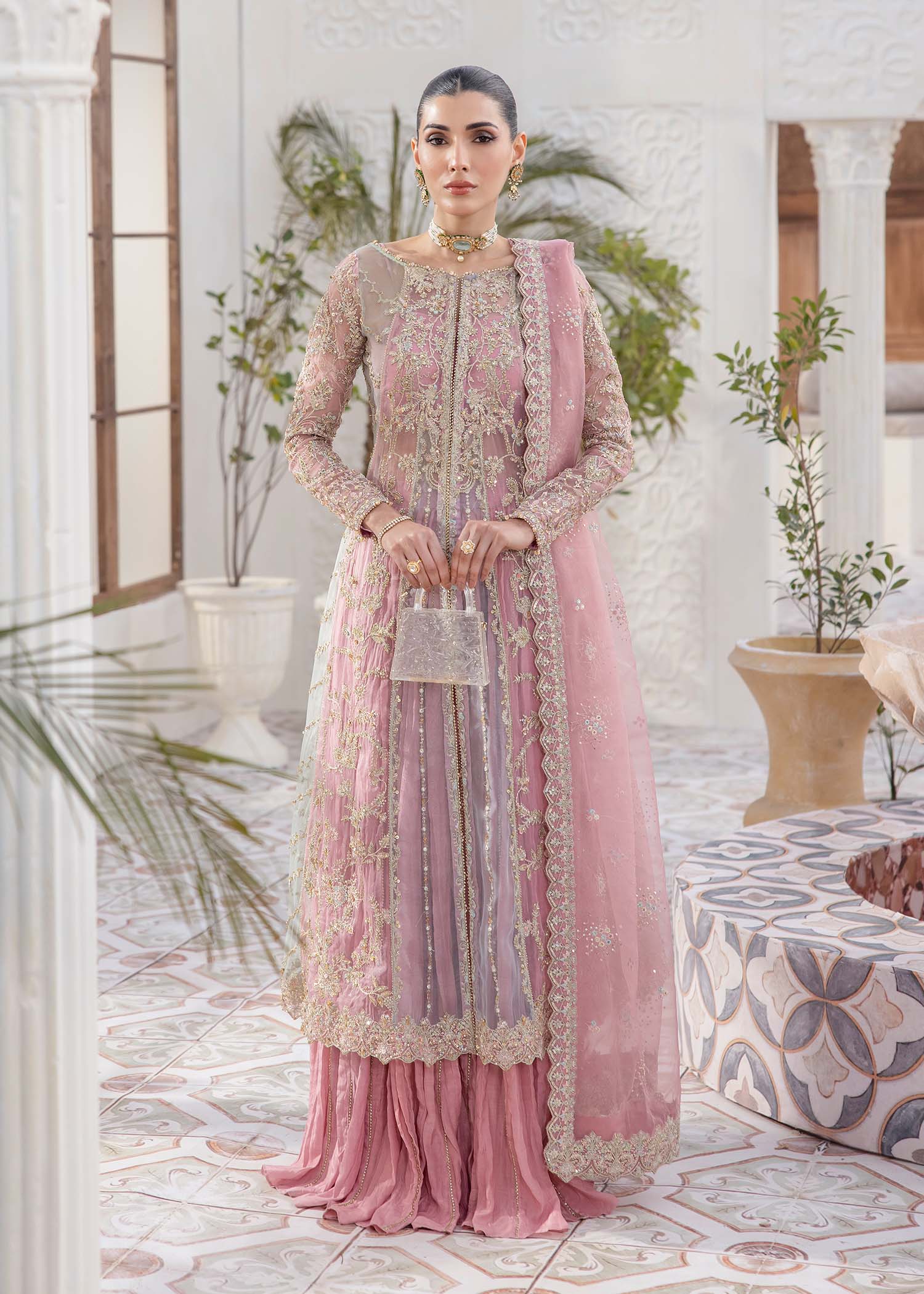 Kanwal Malik Pink Pishwas with Crushed Pants for Luxury Wedding wear - Pakistani Designer Wear for Women in UK | Kifat