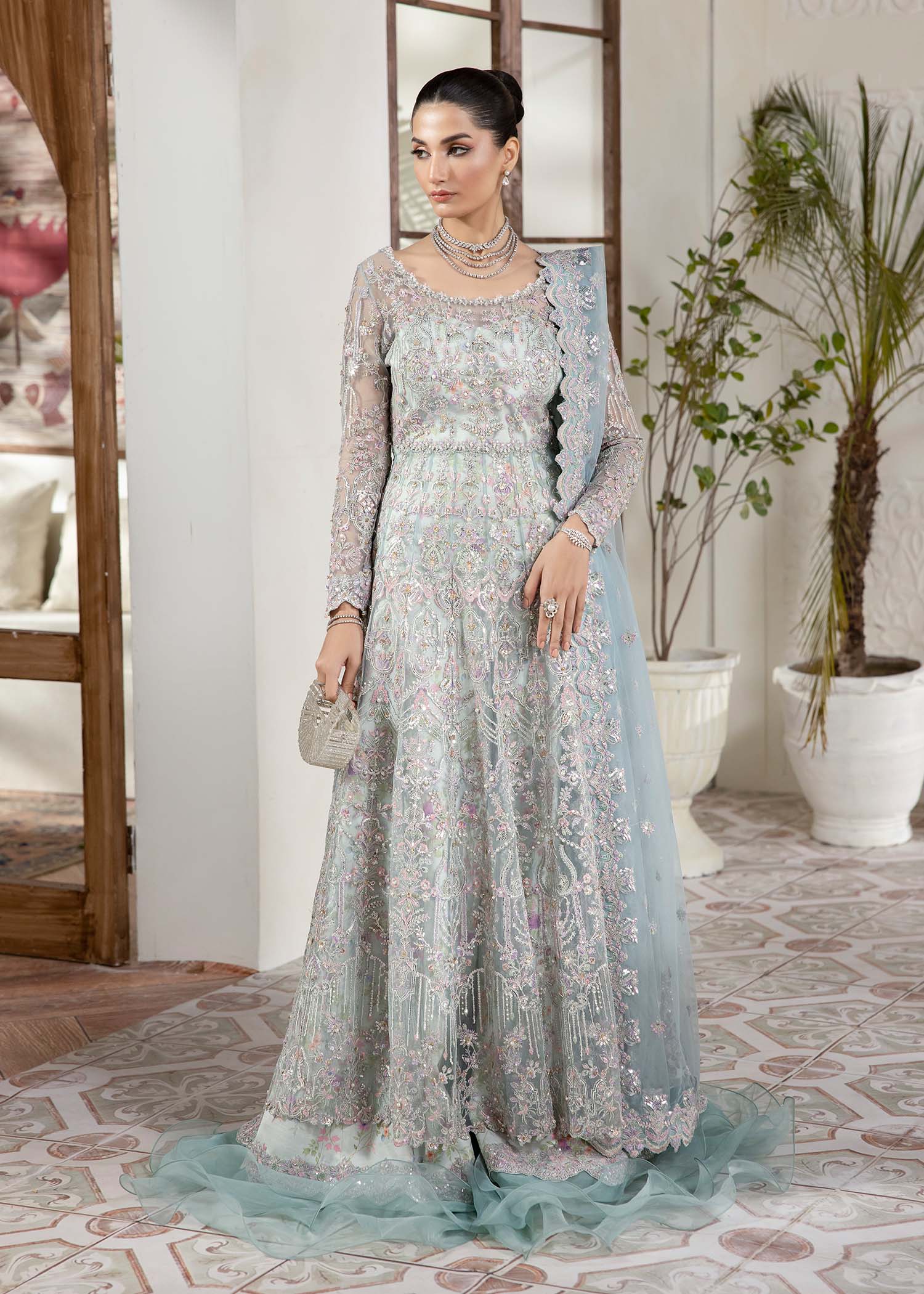 Kanwal Malik Ice Blue Pishwas with Ruffled Flare Pants for Luxury Wedding wear - Pakistani Designer Wear for Women in UK | Kifat