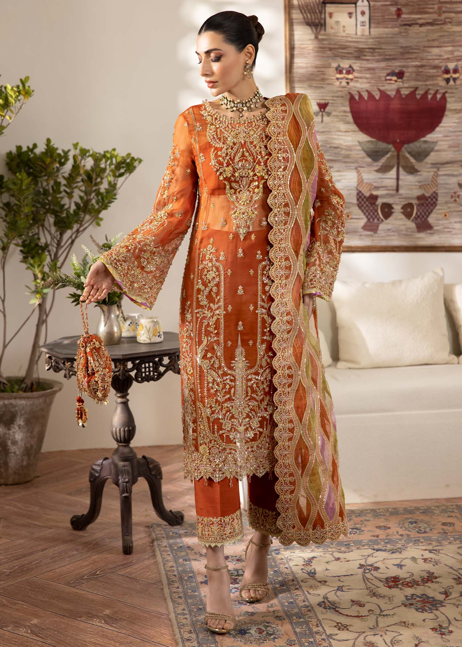 Kanwal Malik Rust Long shirt for Luxury Wedding wear - Pakistani Designer Wear for Women in UK | Kifat