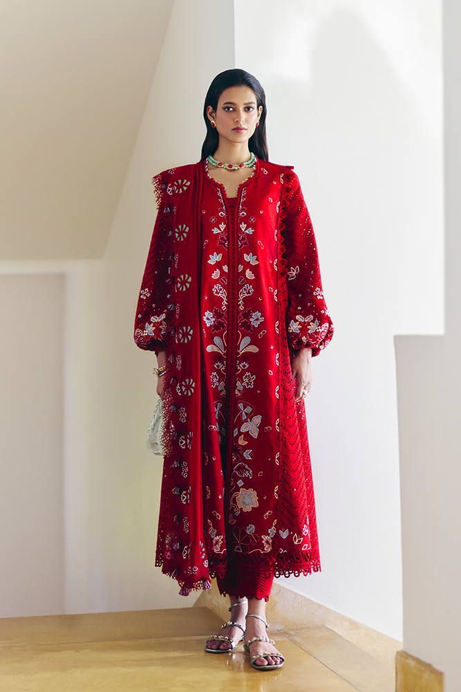 Model Wearing Suffuse by Sana Yasir CRIMSAL Coral Red front-open shirt with pants for Casual Dress- Pakistani Designer wear for Women in UK | Kifat