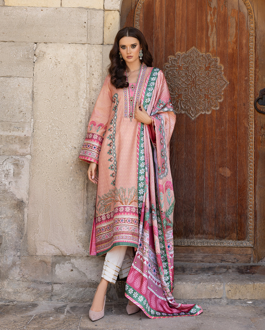 Women Wearing Pulsar Petal Rosey Coral Long Shirt for Festive Events - Pakistani Designer Wear for Women in UK | Kifat