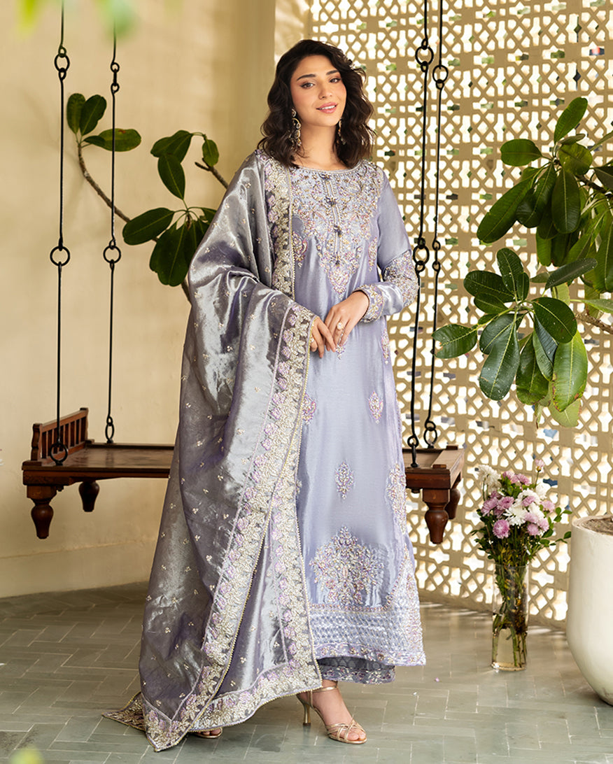 Women Wearing Samiya Lavender Long Shirt for Formal Events - Pakistani Designer Wear for Women in UK | Kifat