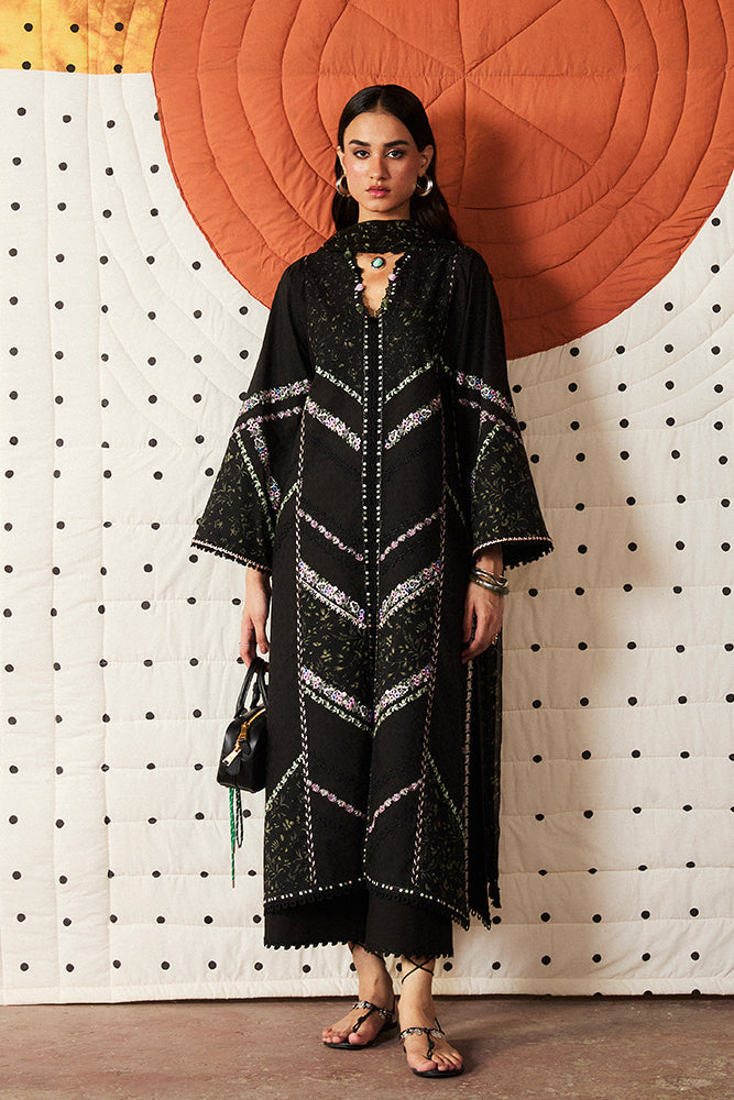 Model Wearing Suffuse by Sana Yasir SAZIL Black front-open kurta with culottes for Casual Dress- Pakistani Designer wear for Women in UK | Kifat