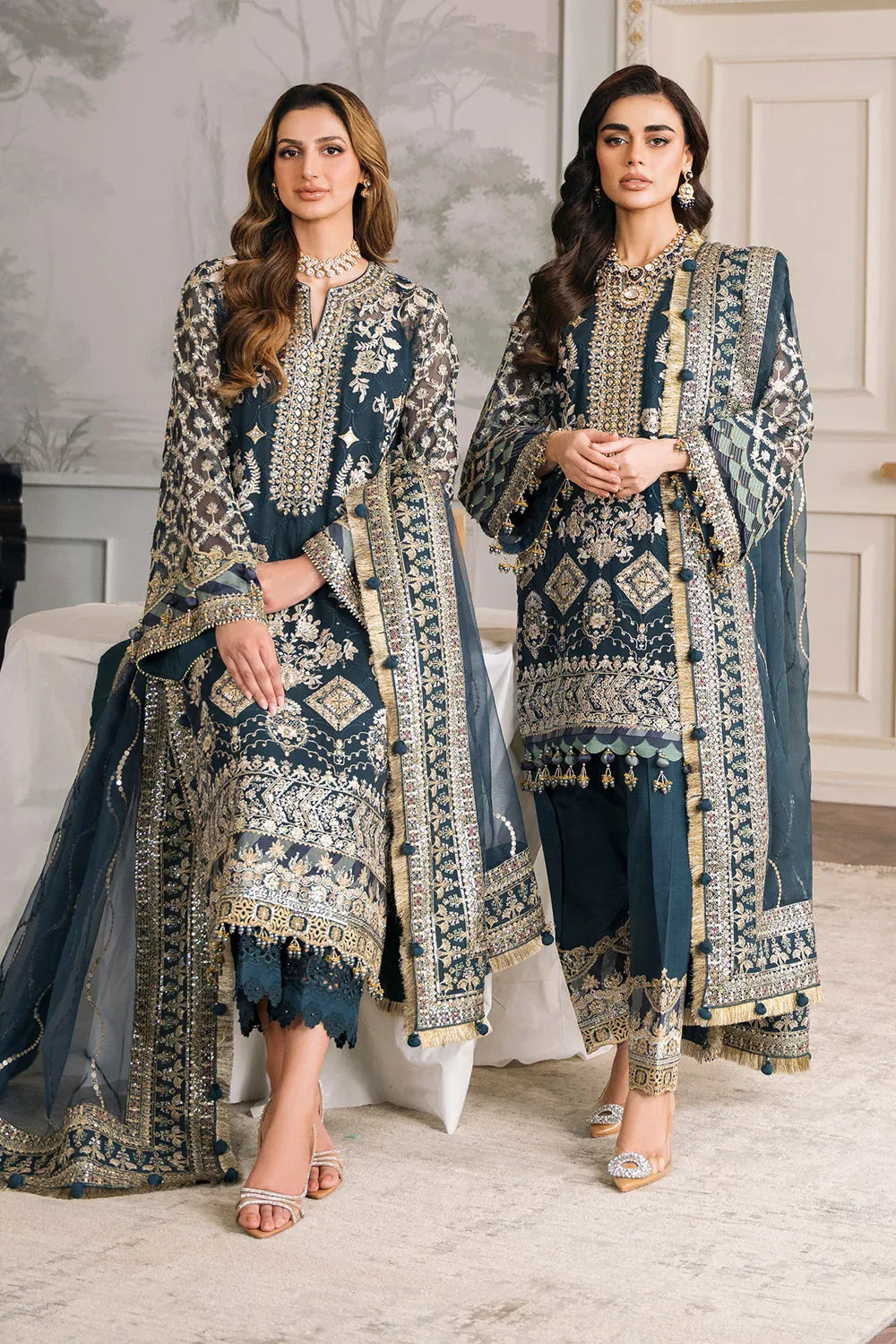 Baroque CH12-01 Teal Blue Long Shirt,Short Shirt for Formal Events - Pakistani Designer Wear for Women in UK | Kifat