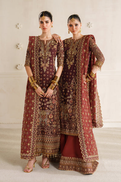 Baroque CH14-07 Dark Maroon Sleek Long Shirt with Culotte Trouser,Mid-Calf Length Shirt with Sharara for Formal Events - Pakistani Designer Wear for Women in UK | Kifat