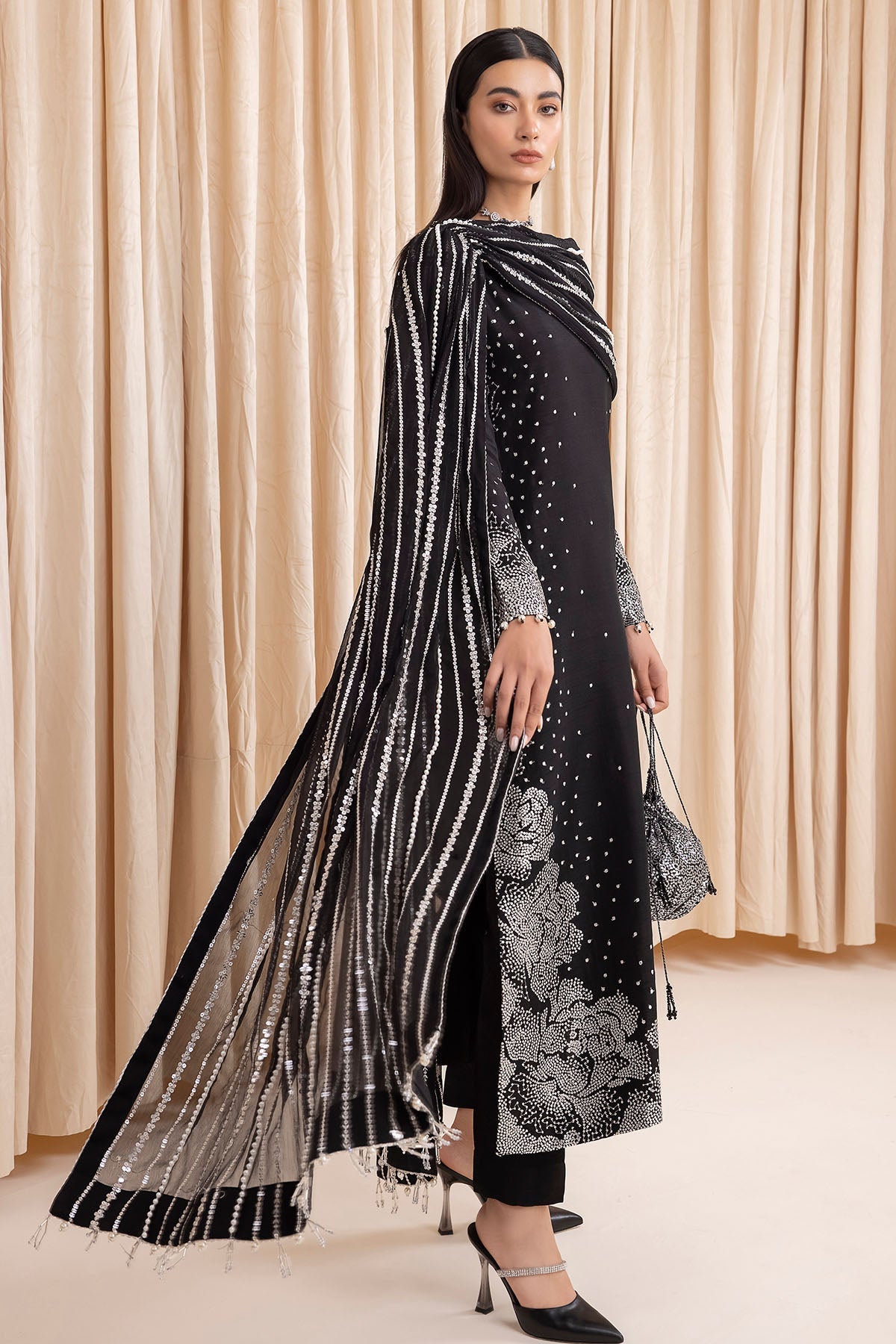 Women Wearing Embroidered Raw Silk UR-7001 Black Long Shirt for Wedding Events - Pakistani Designer Wear for Women in UK | Kifat
