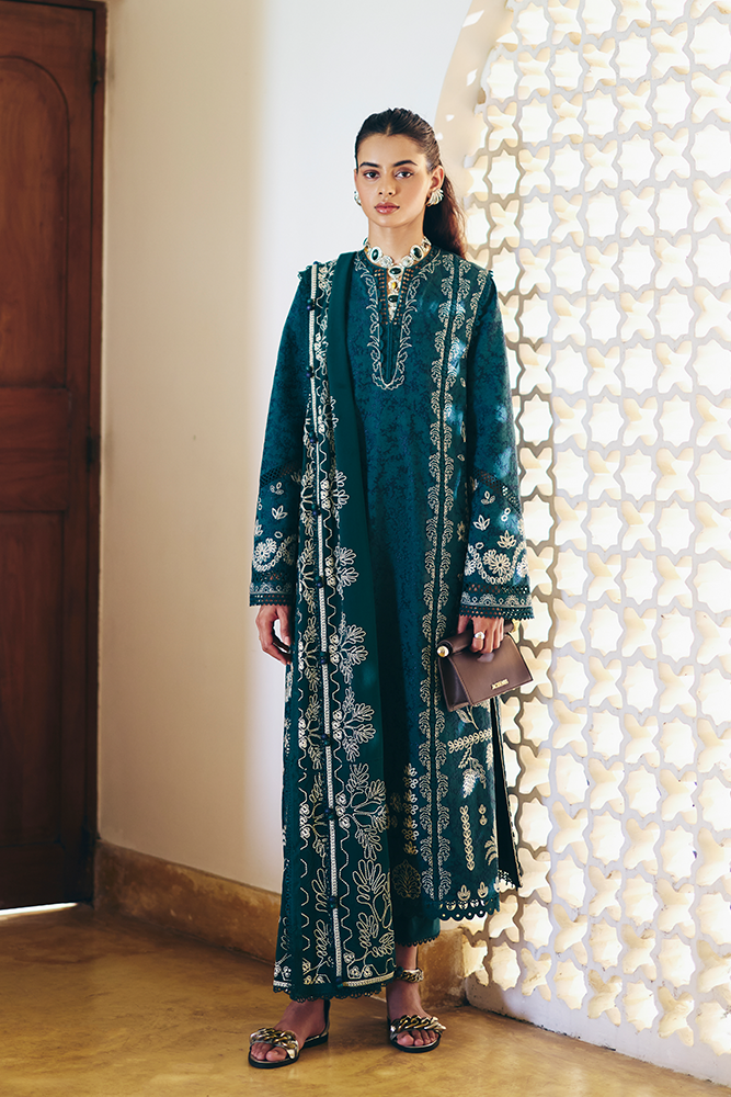 Model Wearing Suffuse by Sana Yasir IVERA Peacock Green Shirt with Straight-cut pants for Casual Dress- Pakistani Designer wear for Women in UK | Kifat