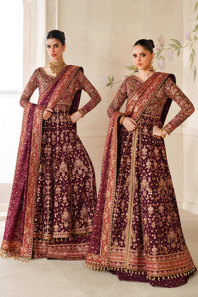 Baroque CH14-05 Wine Berry Kalidar Frock with Sharara Pants,Front Open Kalidar Frock with Lehenga for Bridal Wear - Pakistani Designer Wear for Women in UK | Kifat