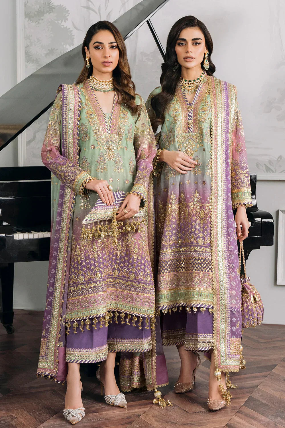 Baroque CH12-08 Green Shirt with Plazo, Frock with Plazo for Formal Events - Pakistani Designer Wear for Women in UK | Kifat