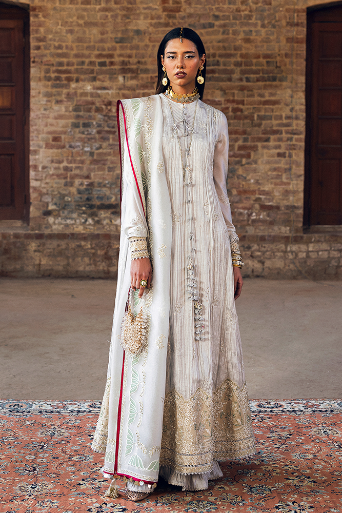Model Wearing Suffuse by Sana Yasir NEVE Silver Shirt with churidaar pants for Formal Events- Pakistani Designer wear for Women in UK | Kifat
