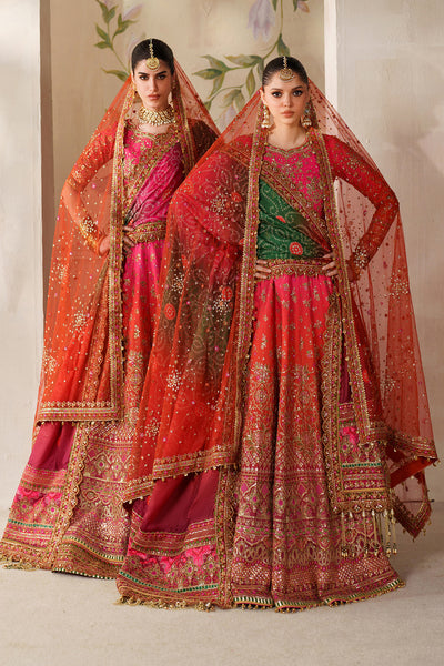 Baroque CH14-03 Hot Pink Lehenga Choli With Full Fitted Sleeves & Two Statement Dupattas,Peshwas With Basic Trouser & Two Statement Dupattas for Bridal Wear - Pakistani Designer Wear for Women in UK | Kifat