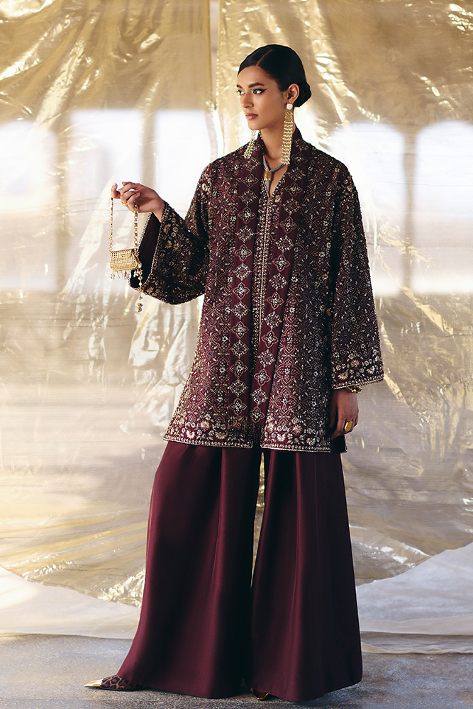Model Wearing Suffuse by Sana Yasir ORANA Chocolate amber front open jacket with pants for Formal Events- Pakistani Designer wear for Women in UK | Kifat