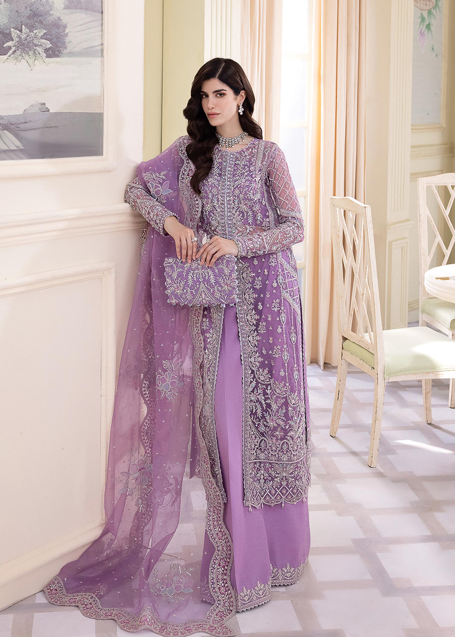 Kanwal Malik Lilac front open organza gown with flared Pants for Luxury Wedding wear - Pakistani Designer Wear for Women in UK | Kifat