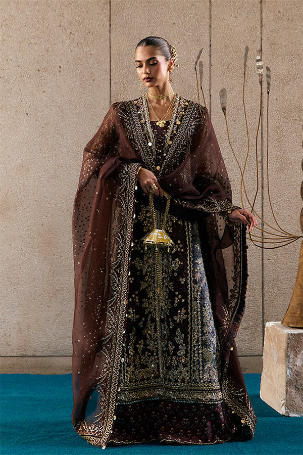 Model Wearing Suffuse by Sana Yasir Vionna Dark brown front open shirt with sharara for Wedding Wear - Pakistani Designer wear for Women in UK | Kifat