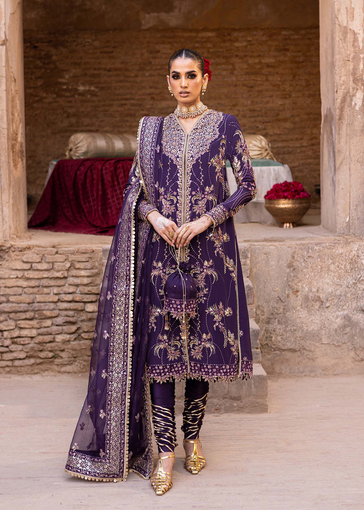 Women Wearing Haniye Purple Long Shirt For Luxury Formals Events - Pakistani Designer Wear For Women In UK | Kifat