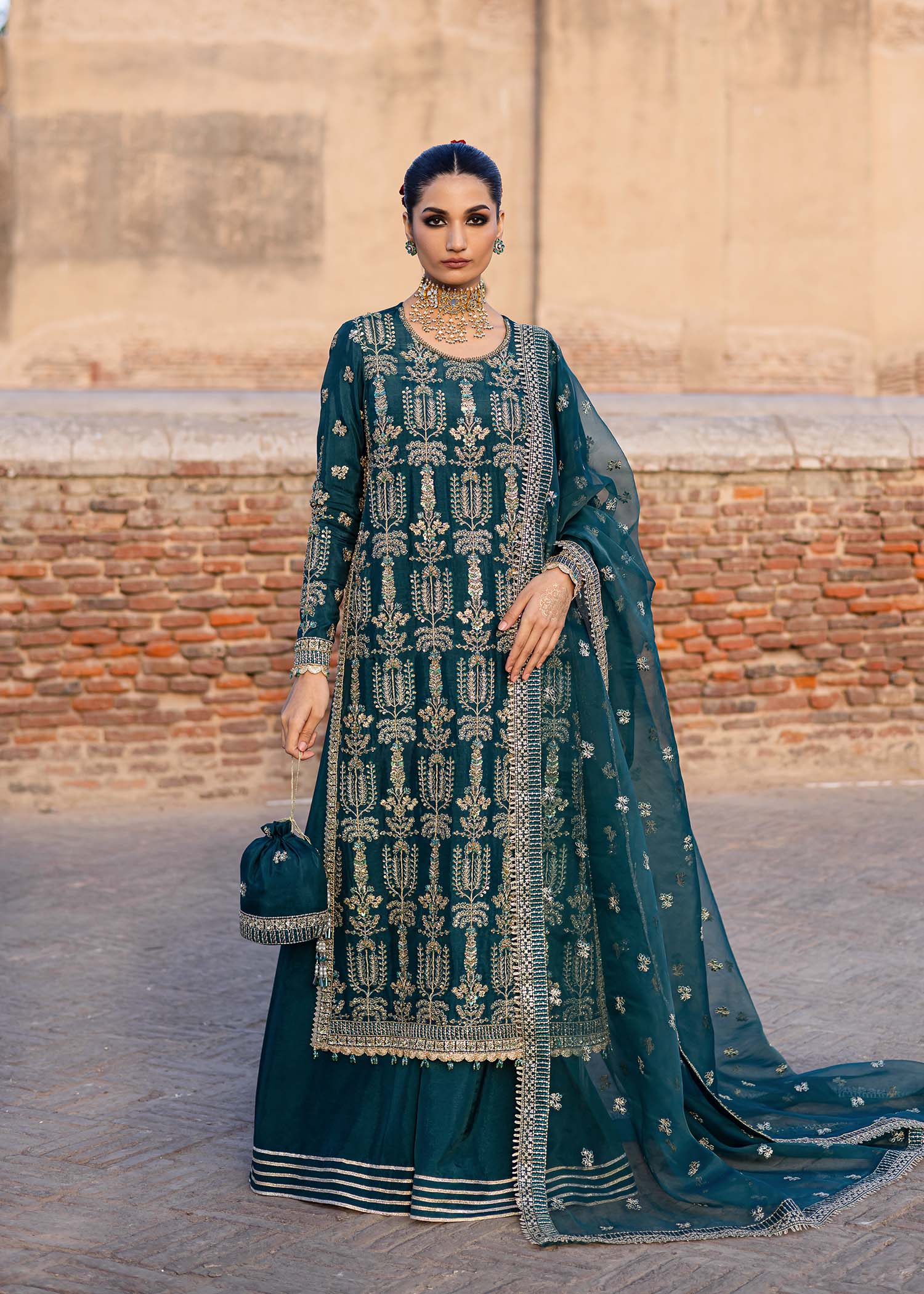 Women Wearing Nazgul Teal Long Shirt For Luxury Formals Events - Pakistani Designer Wear For Women In UK | Kifat