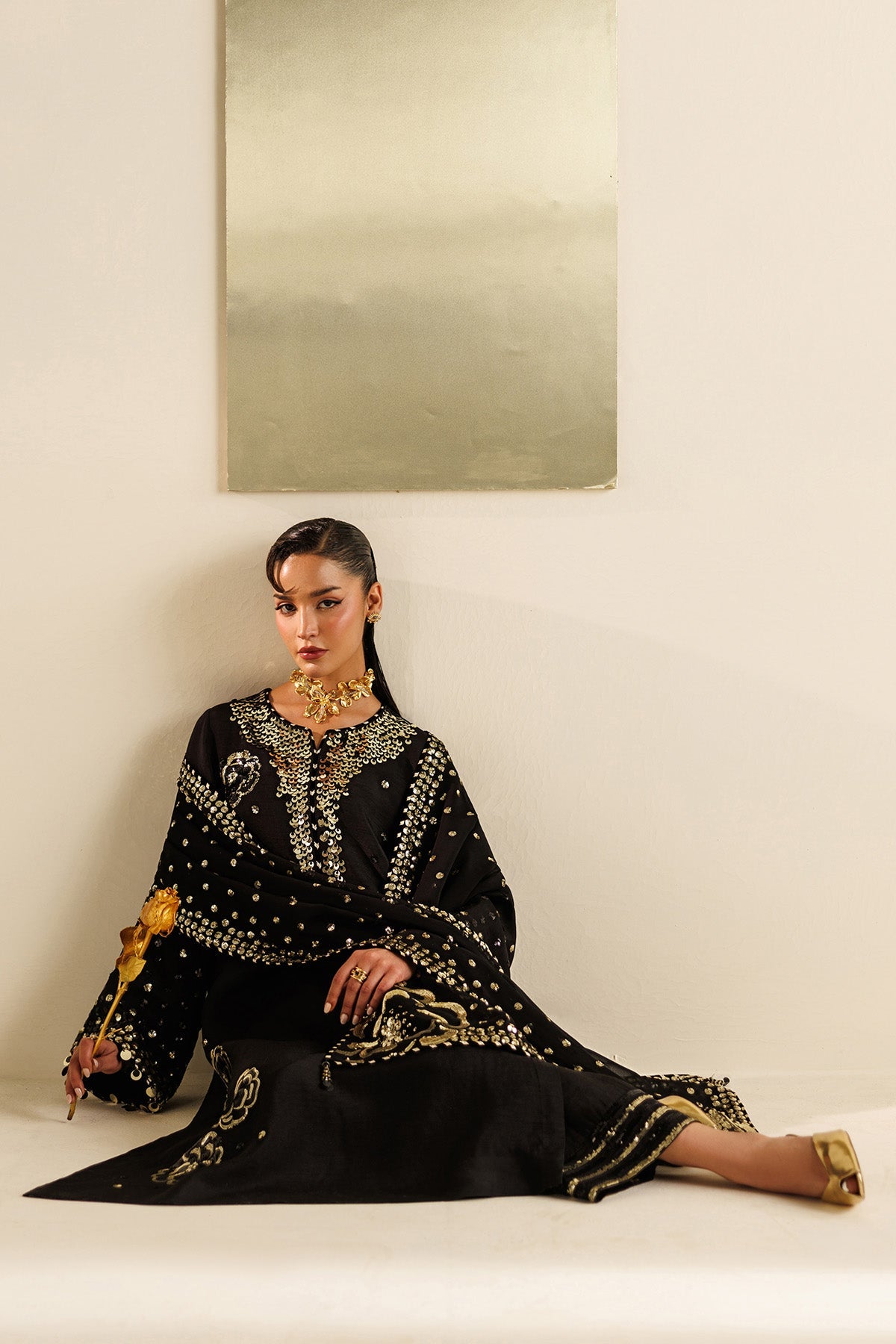 Women Wearing Embroidered Raw Silk UR-7065 Black Long Shirt for Wedding Events - Pakistani Designer Wear for Women in UK | Kifat