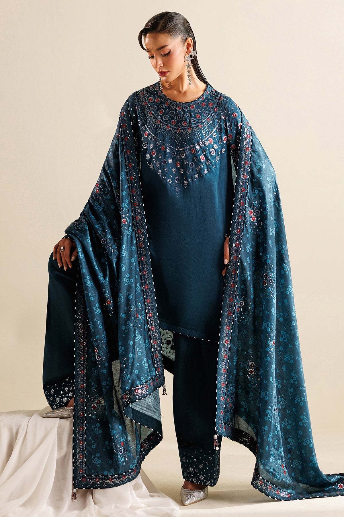 Women Wearing Embroidered Raw Silk UR-7062 Blue Short Shirt for Wedding Events - Pakistani Designer Wear for Women in UK | Kifat