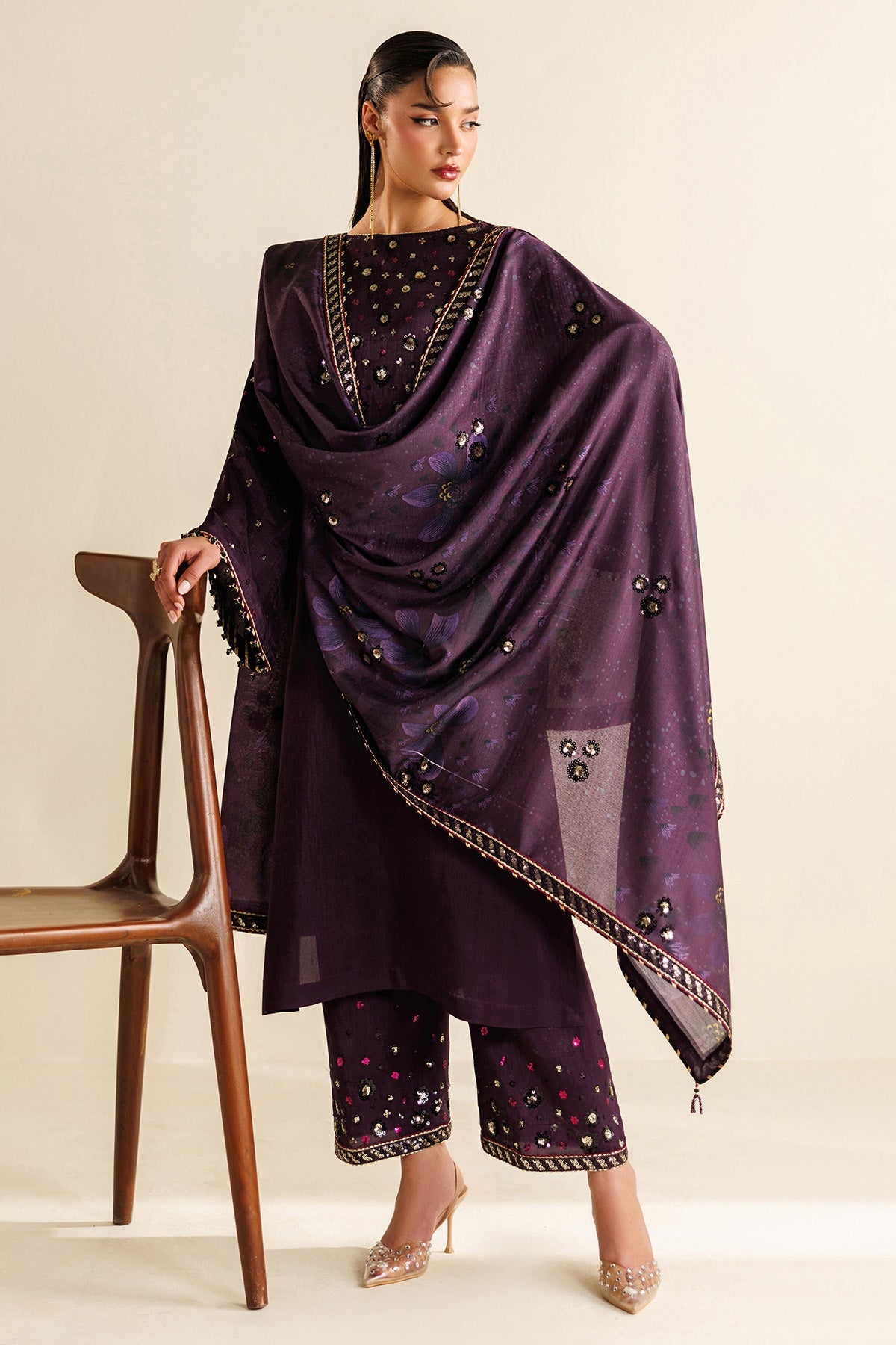Women Wearing Embroidered Raw Silk UR-7063 Purple Long Shirt for Wedding Events - Pakistani Designer Wear for Women in UK | Kifat