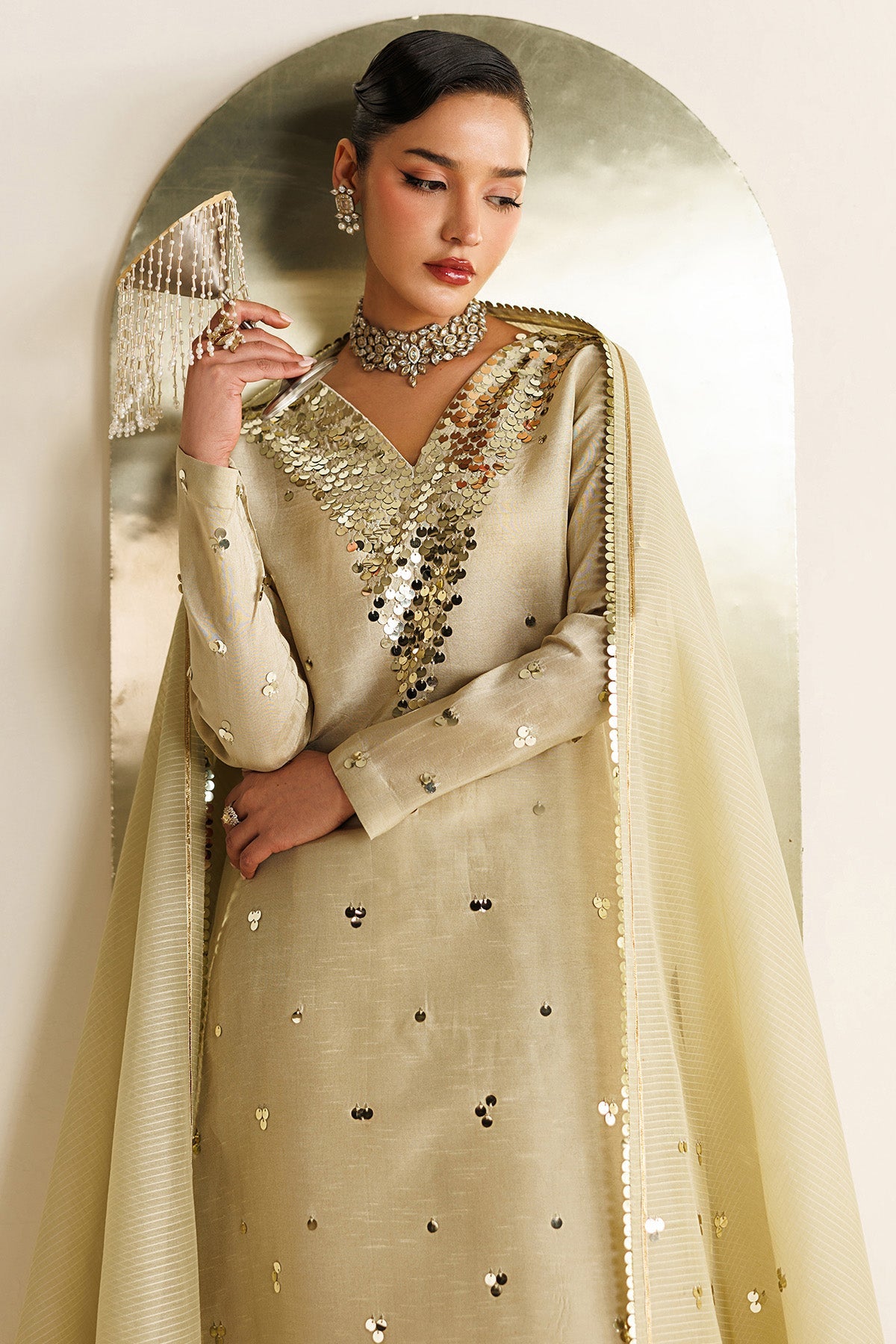 Women Wearing Embroidered Raw Silk UR-7072 Off White Long Shirt for Wedding Events - Pakistani Designer Wear for Women in UK | Kifat