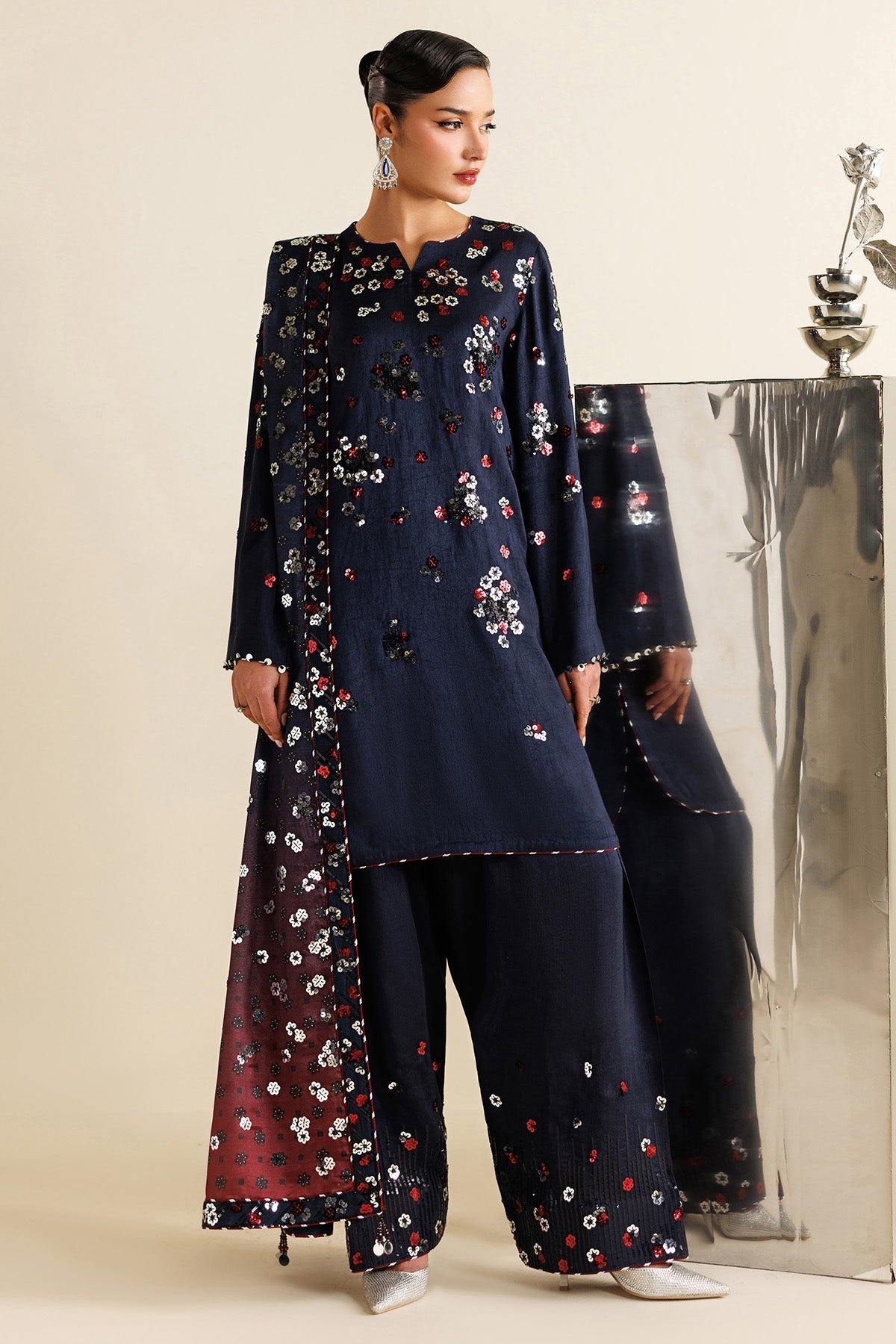 Women Wearing Embroidered Raw Silk UR-7064 Blue Short Shirt for Wedding Events - Pakistani Designer Wear for Women in UK | Kifat