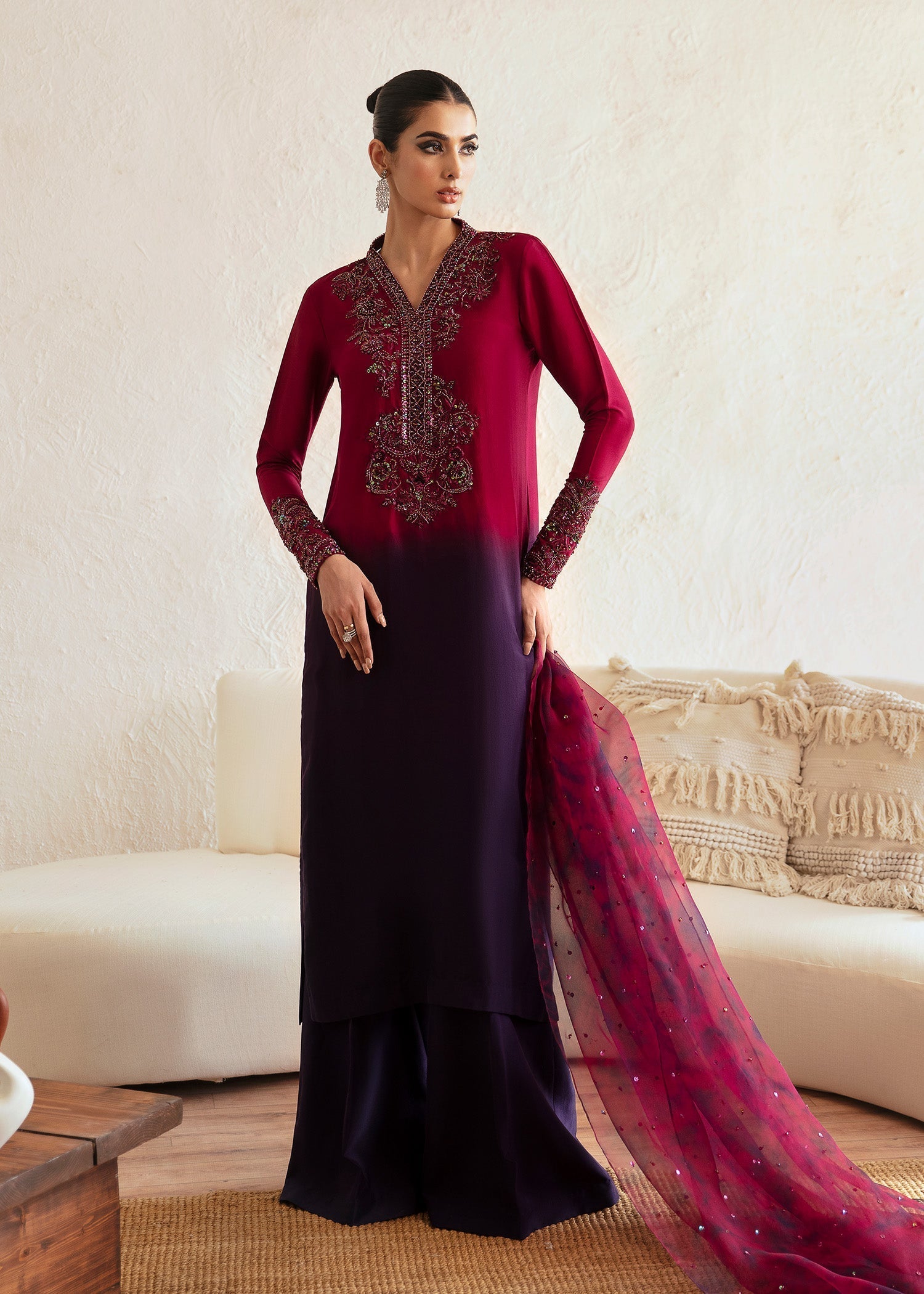 Kanwal Malik Ombre Plum shirt with flared pants for Luxury Wedding wear - Pakistani Designer Wear for Women in UK | Kifat
