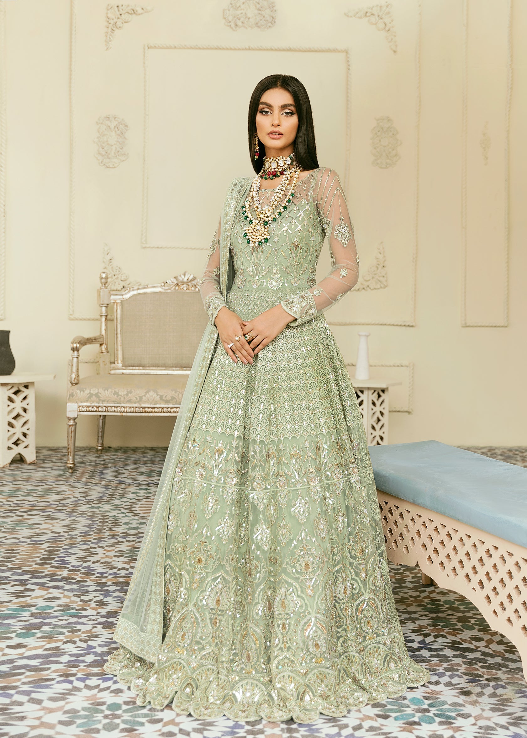 Women Wearing Florican Mint Peshwas For Formals Events - Pakistani Designer Wear For Women In UK | Kifat