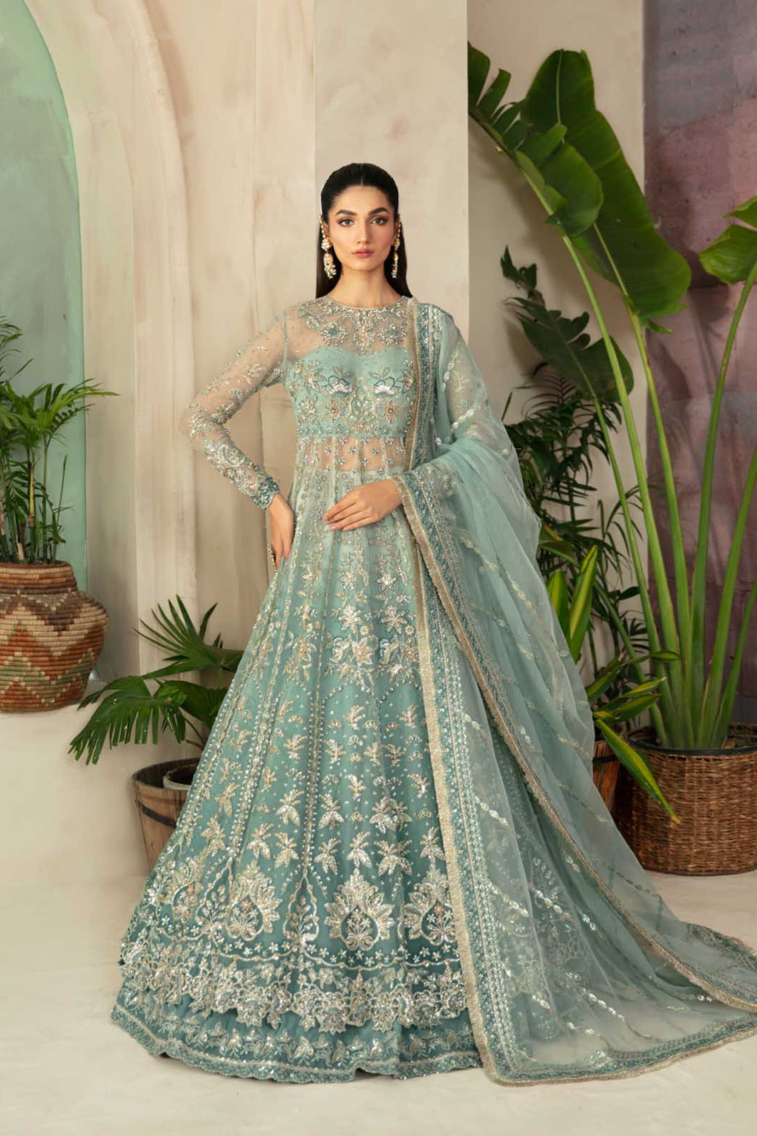 Women Wearing Frostine Mint Blue Peshwas For Formals Events - Pakistani Designer Wear For Women In UK | Kifat