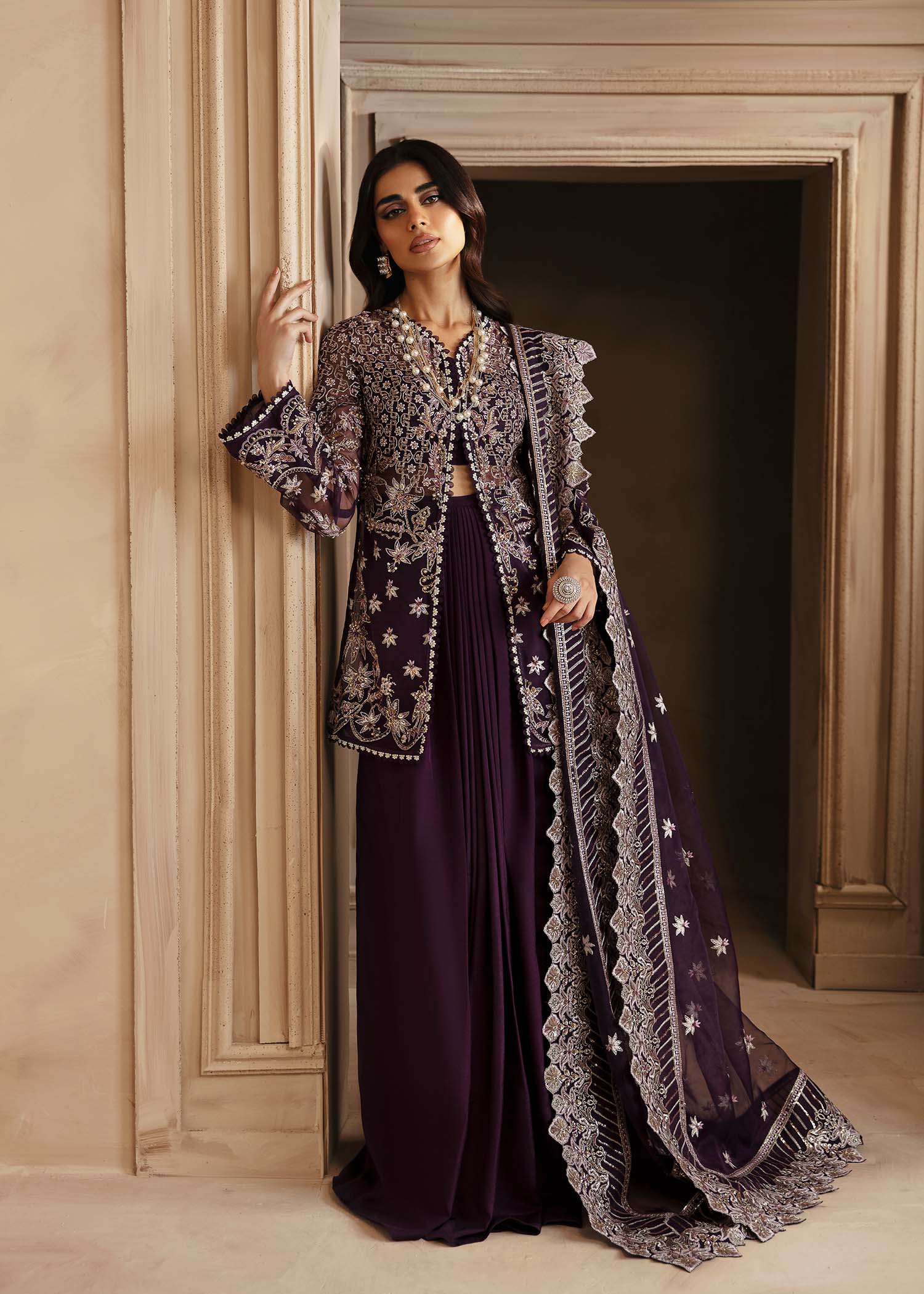 Women Wearing Elowen Purple Shirt With Sharara For Formals Events - Pakistani Designer Wear For Women In UK | Kifat