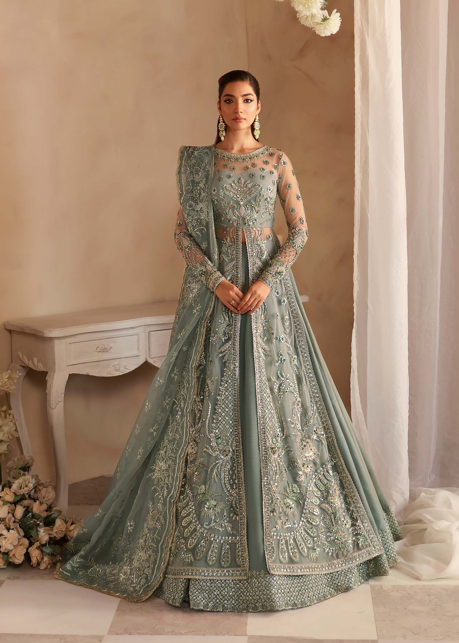 Women Wearing Noche Grey Peshwas For Luxury Formals Events - Pakistani Designer Wear For Women In UK | Kifat