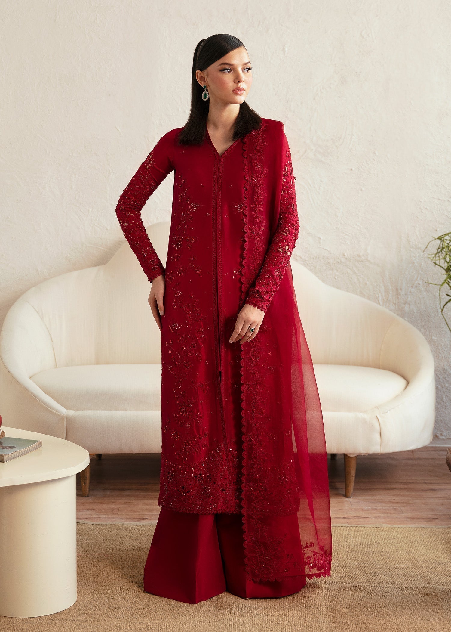 Kanwal Malik Maroon shirt with flared pants for Luxury Wedding wear - Pakistani Designer Wear for Women in UK | Kifat