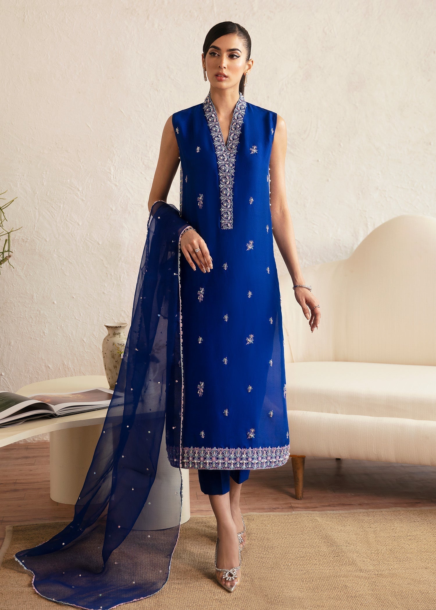 Kanwal Malik Royal Blue Long Shirt with Trouser for Luxury Wedding wear - Pakistani Designer Wear for Women in UK | Kifat