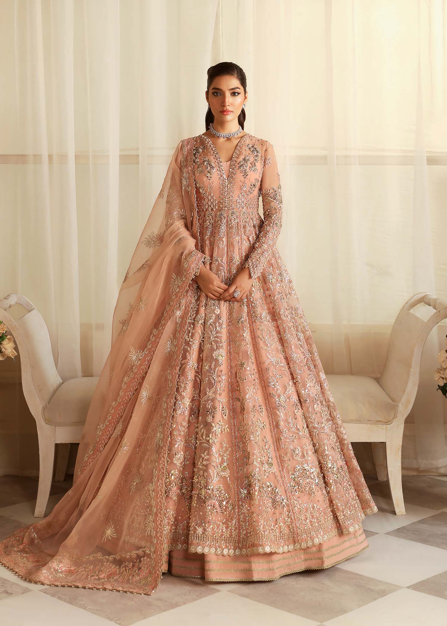 Women Wearing Sueno Peach Pink Peshwas For Formals Events - Pakistani Designer Wear For Women In UK | Kifat