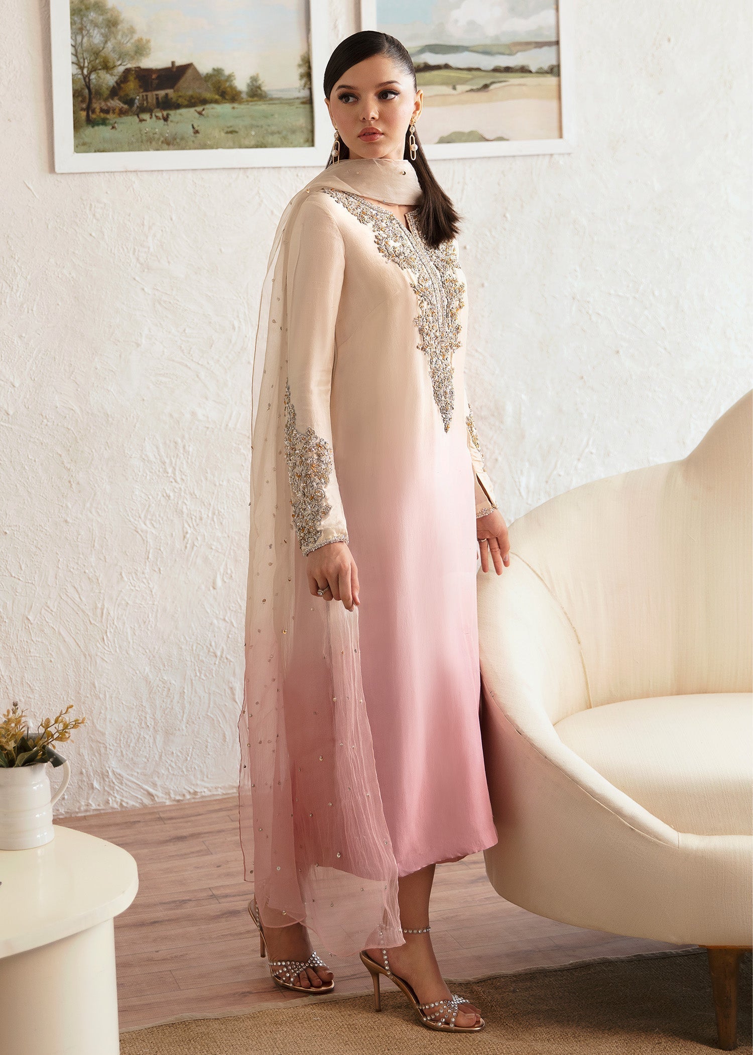 Kanwal Malik Ombre Pink Long Shirt with Trouser for Luxury Wedding wear - Pakistani Designer Wear for Women in UK | Kifat