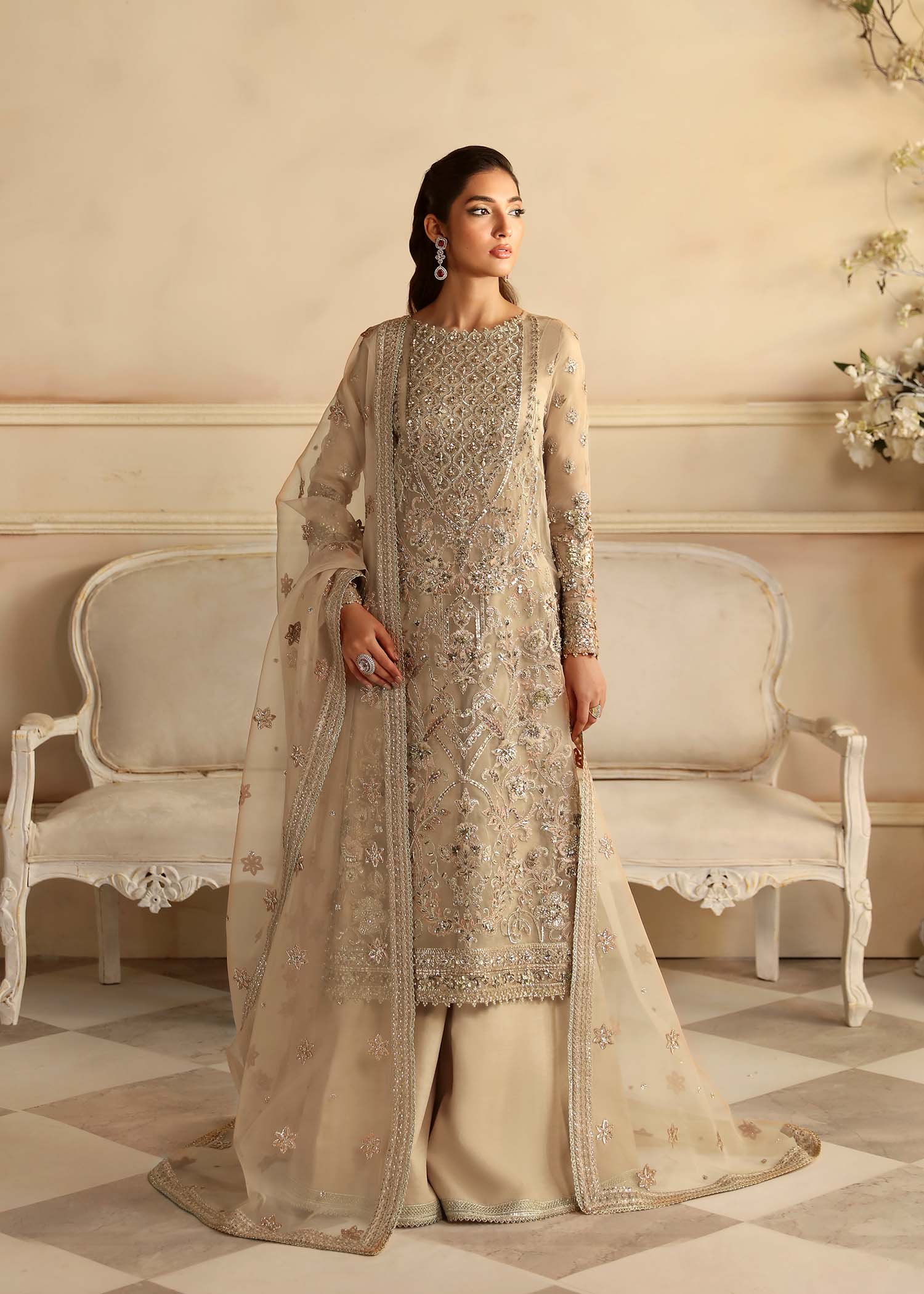 Women Wearing Nacar Light Brown Long Shirt For Formals Events - Pakistani Designer Wear For Women In UK | Kifat