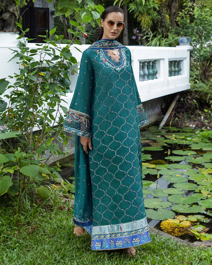 Women Wearing Valene Teal Blue Long Shirt for Festive Events - Pakistani Designer Wear for Women in UK | Kifat