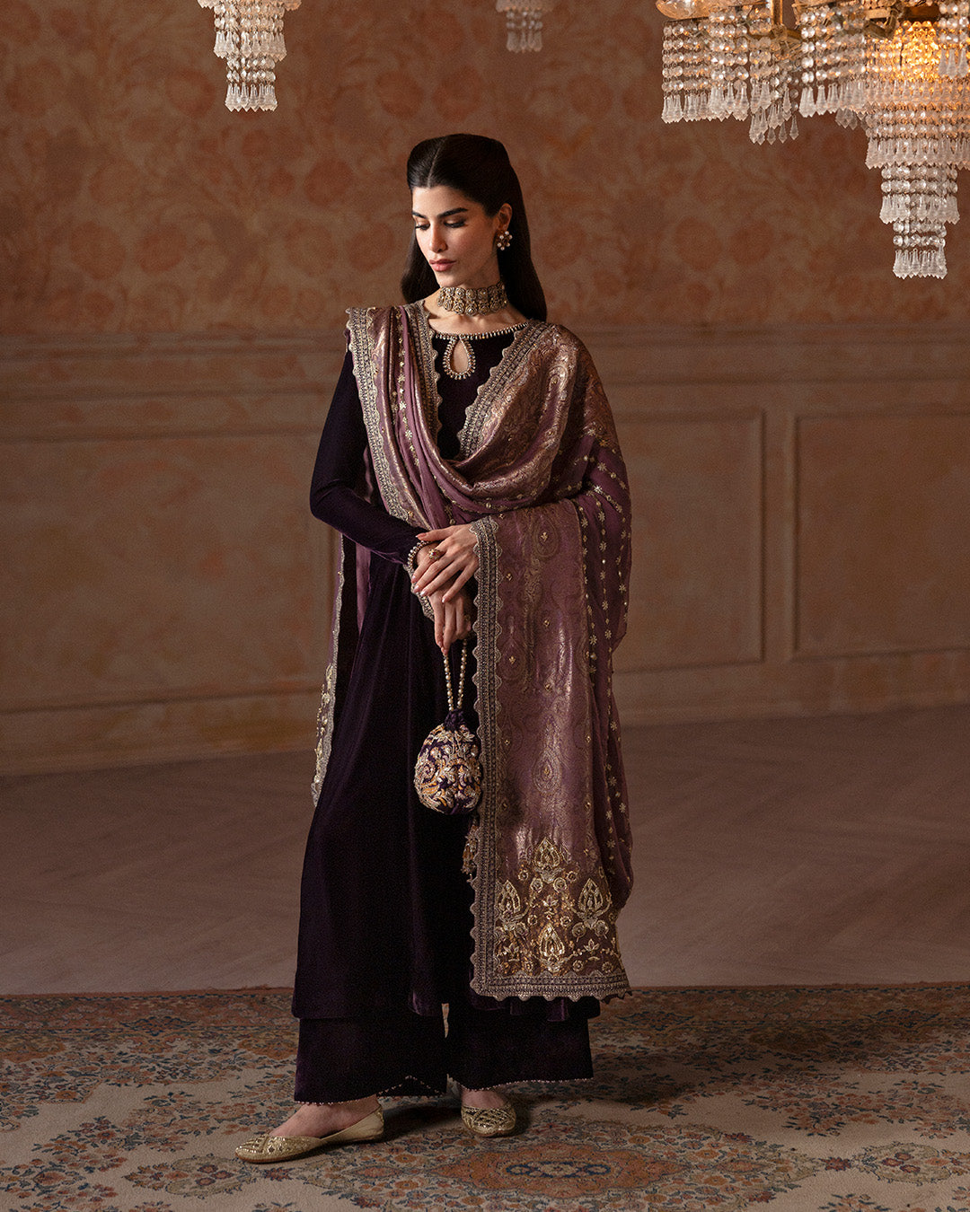 Model Wearing Faiza Saqlain Erna Aubergine Shirt with Culottes for formal events wear - Pakistani Designer Wear for Women in UK | Kifat