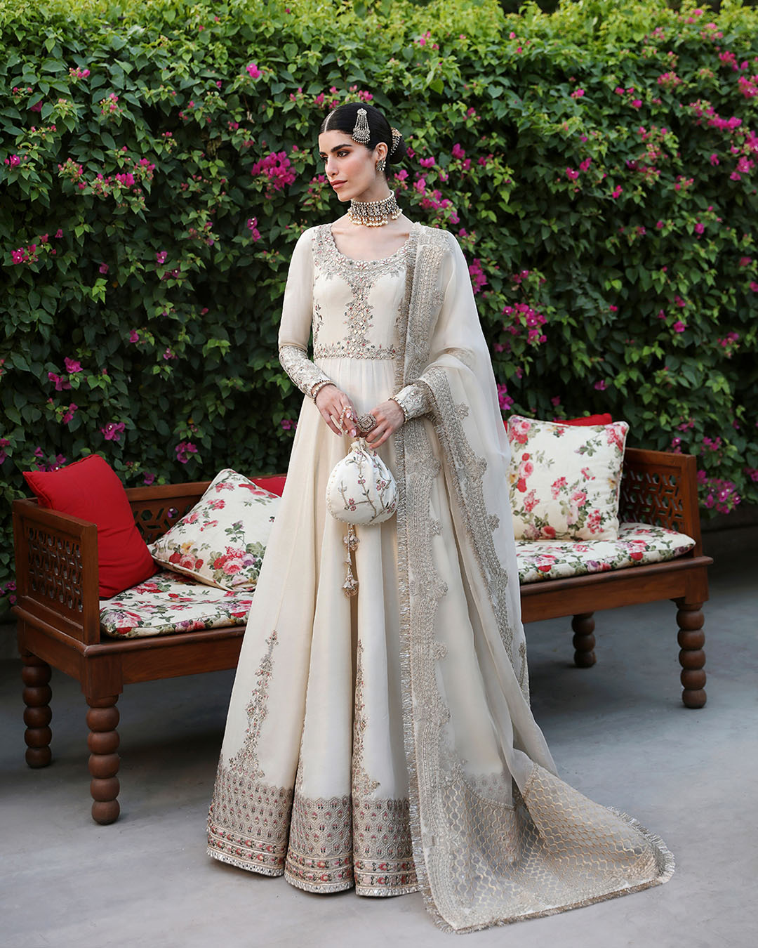 Model Wearing Faiza Saqlain Ailia Off-White Pishwas for wedding wear - Pakistani Designer Wear for Women in UK | Kifat