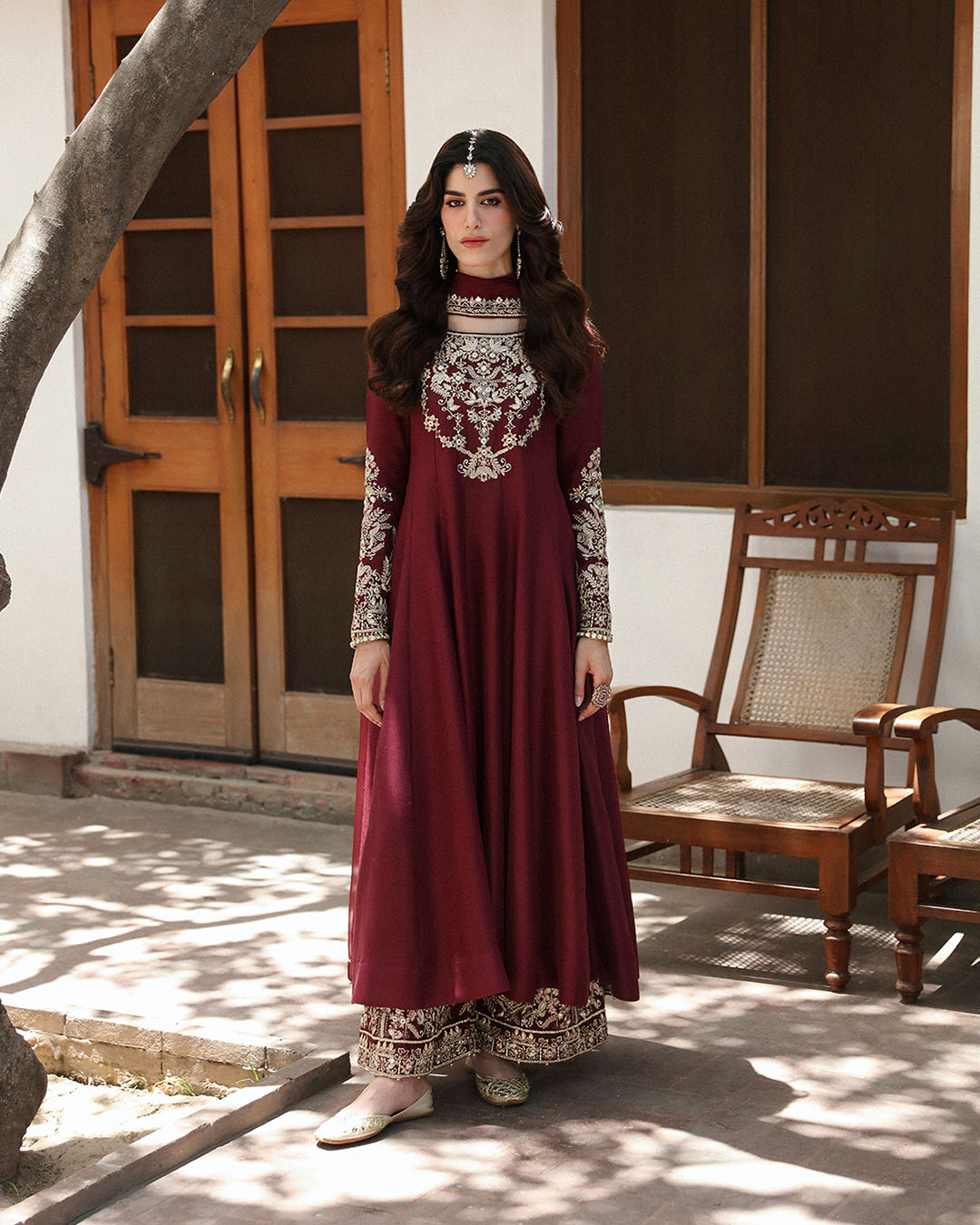 Model Wearing Faiza Saqlain Norine Maroon Shirt with Culottes for formal events wear - Pakistani Designer Wear for Women in UK | Kifat