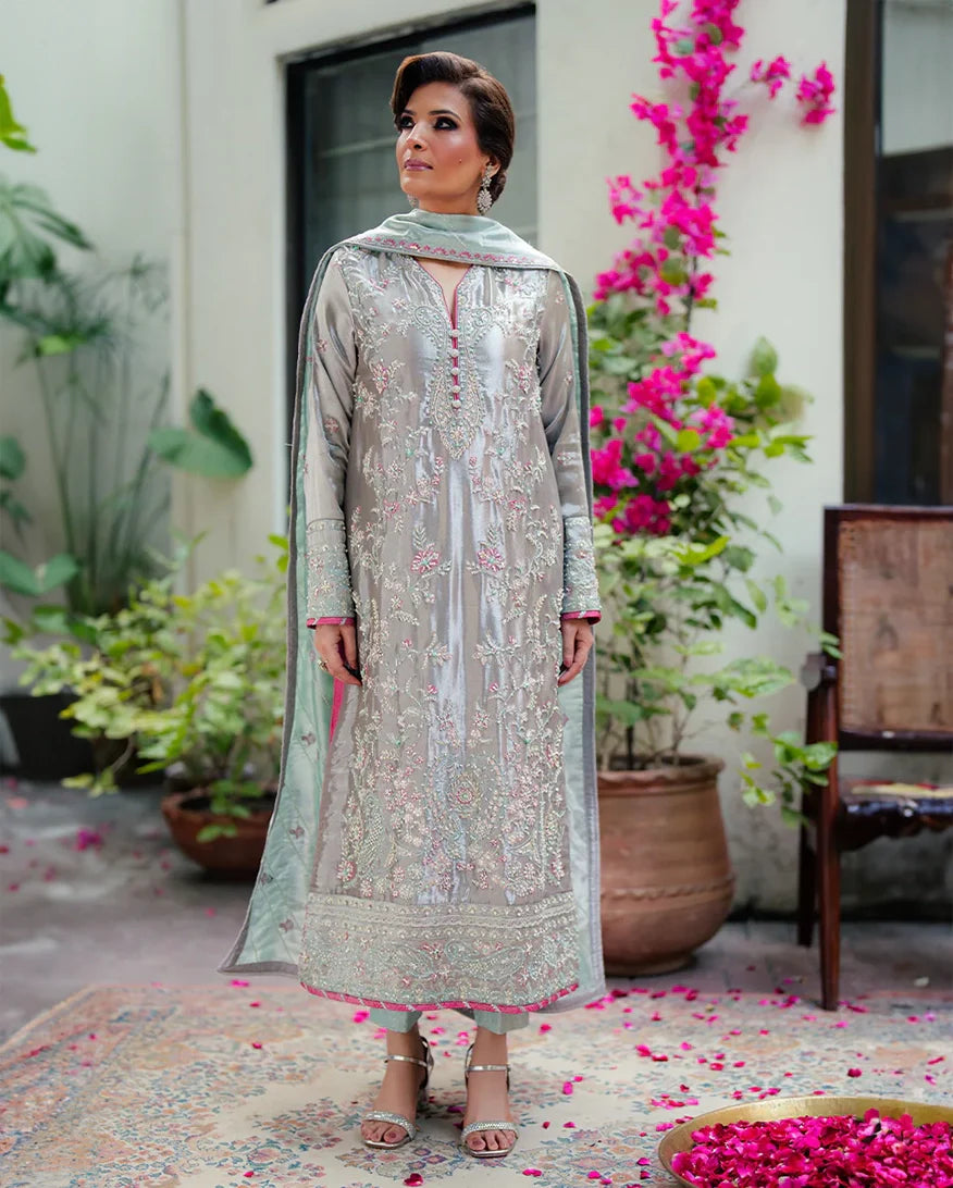 Women Wearing Resham Silver Long Shirt for Formal Events - Pakistani Designer Wear for Women in UK | Kifat