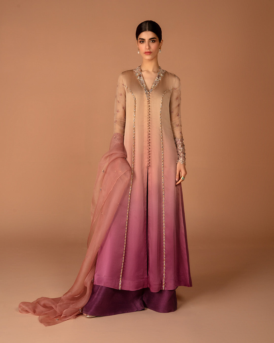 Model Wearing Faiza Saqlain Eshe Ombre Shirt with Culottes for formal events wear - Pakistani Designer Wear for Women in UK | Kifat