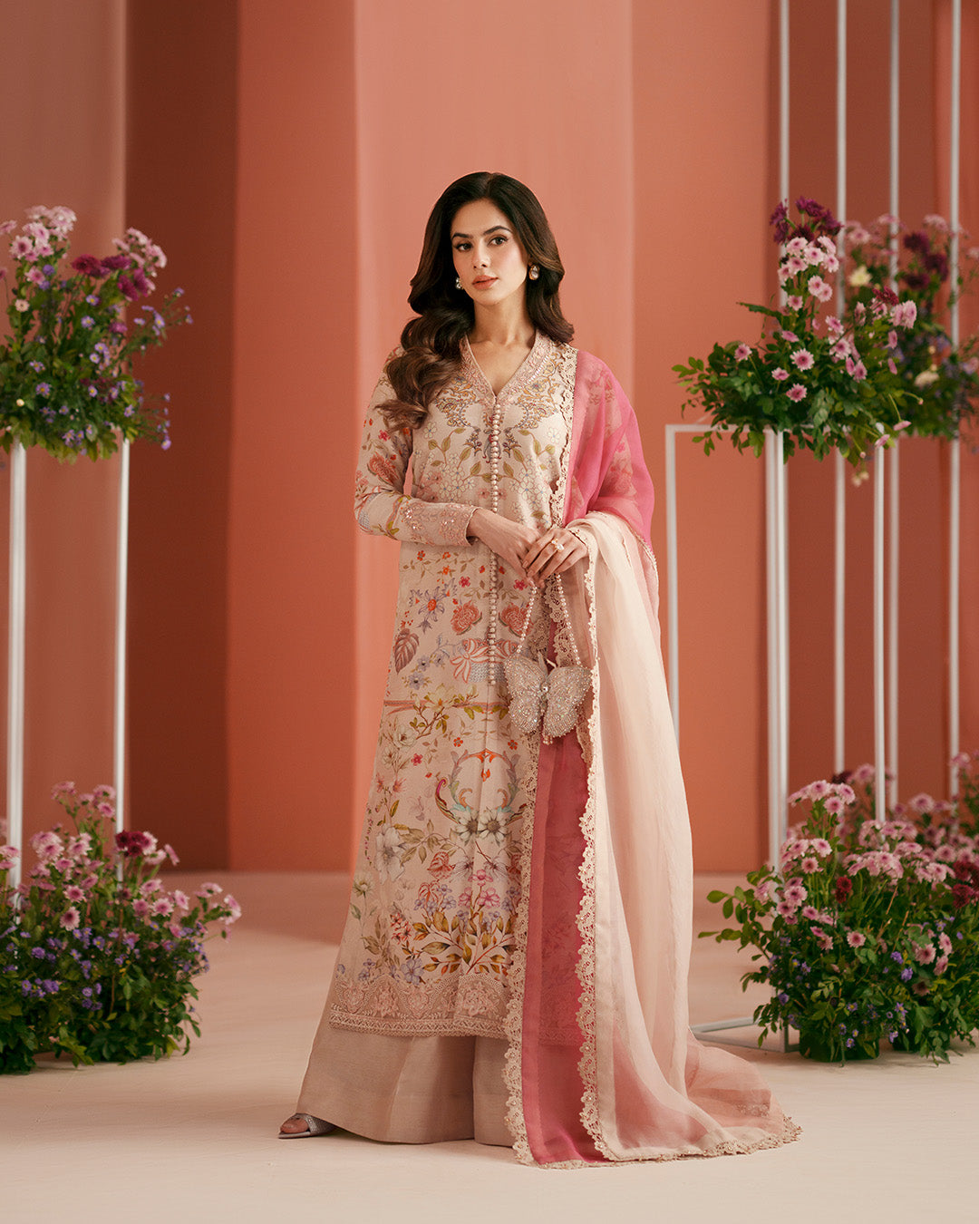 Women Wearing Nermin Nude Beige and Dusty Rose Shirt with Flared Pants for Luxury Events - Pakistani Designer Wear for Women in UK | Kifat