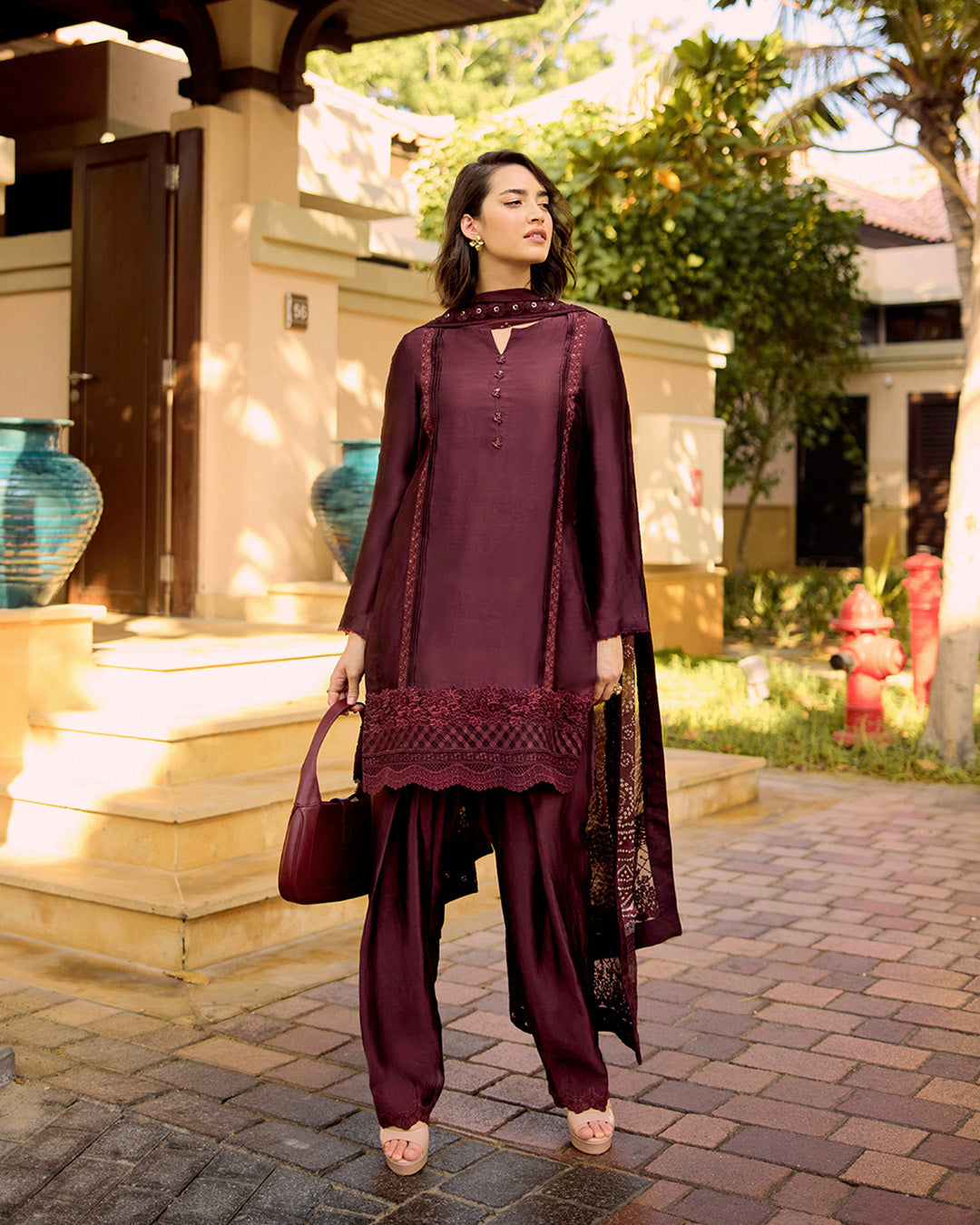 Model Wearing Faiza Saqlain Triana Dark Maroon Shirt with Shalwar for Ladies wear - Pakistani Designer Wear for Women in UK | Kifat