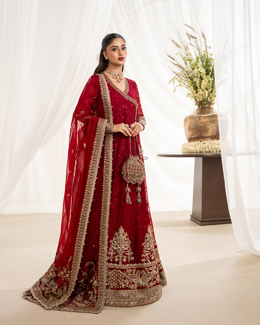 Model Wearing Faiza Saqlain Gul Scarlet Shirt with Churidar for wedding wear - Pakistani Designer Wear for Women in UK | Kifat