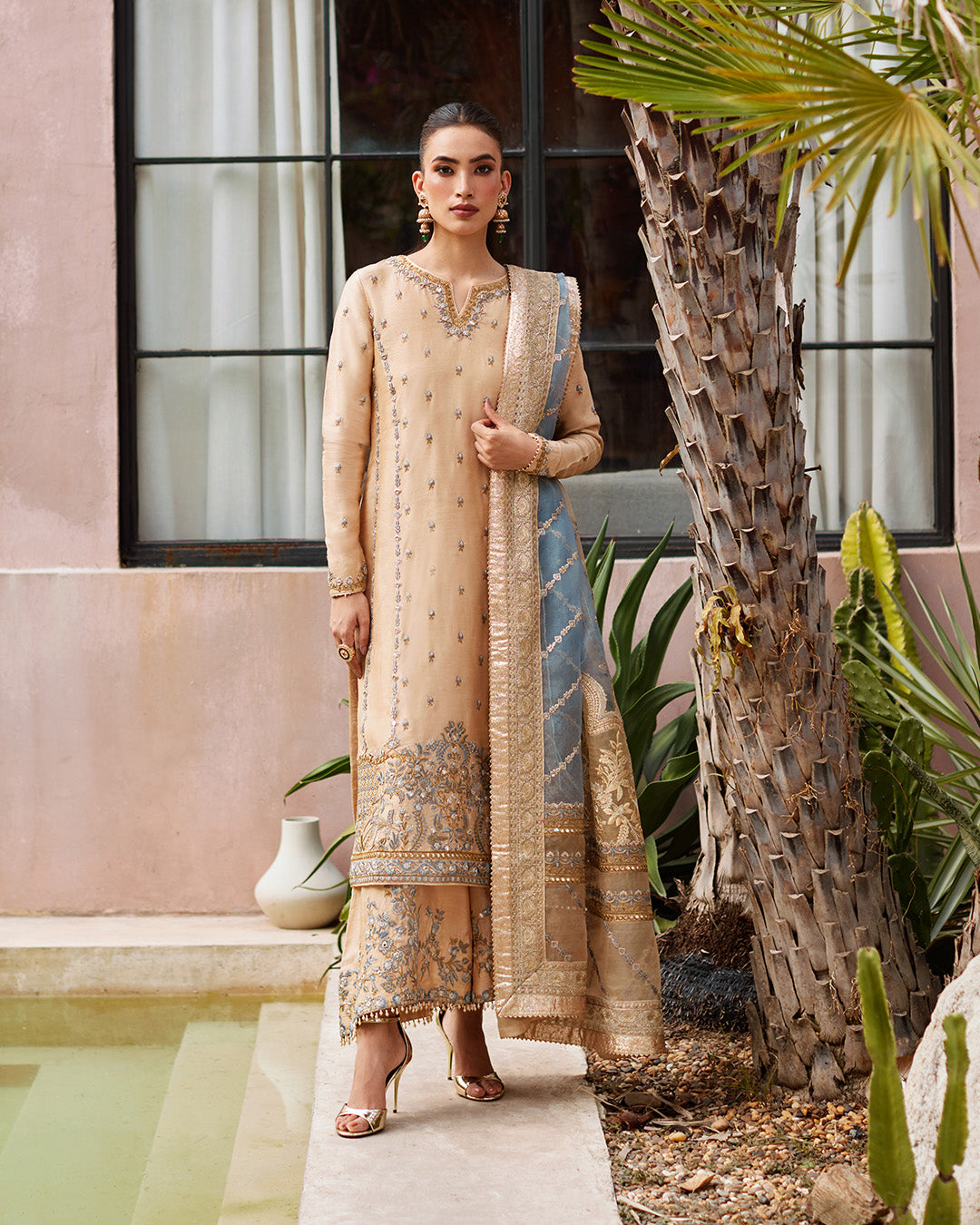 Model Wearing Faiza Saqlain Yelena Fawn Shirt with Culottes for wedding wear - Pakistani Designer Wear for Women in UK | Kifat