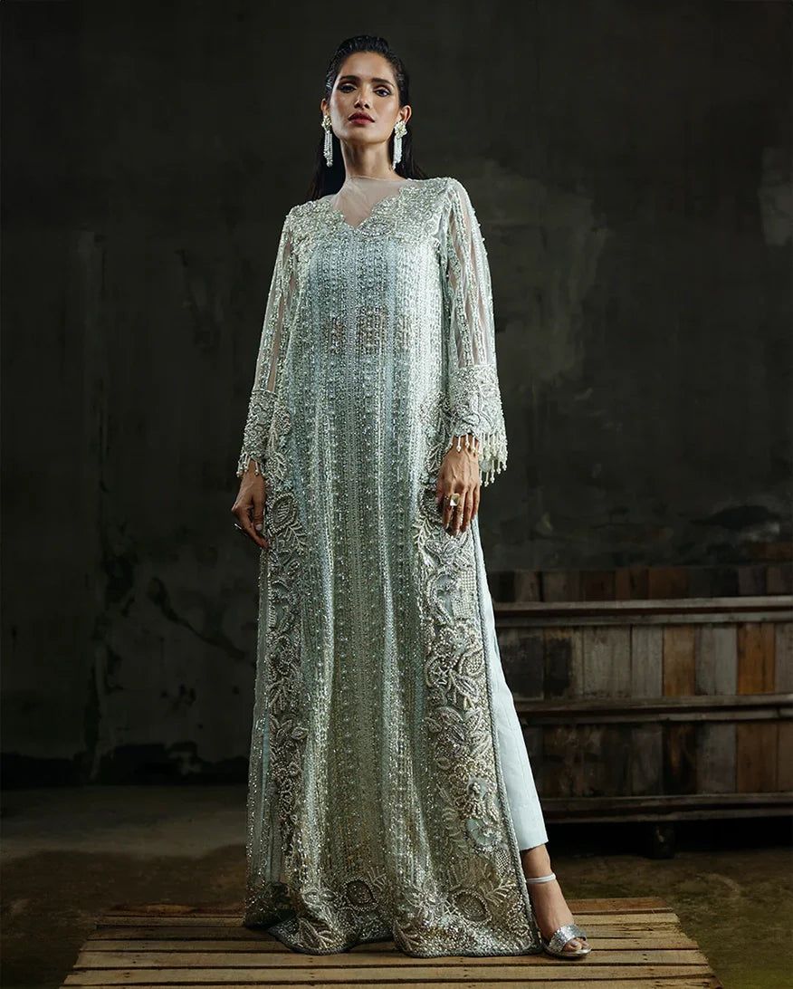 Women Wearing Cardamine Aqua Long Shirt for Wedding Events - Pakistani Designer Wear for Women in UK | Kifat