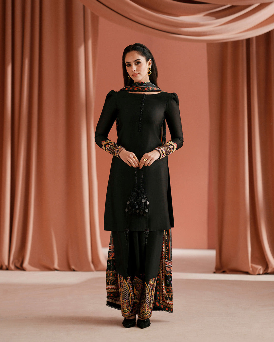 Women Wearing Lulia Black Shirt with Shalwar for Luxury Events - Pakistani Designer Wear for Women in UK | Kifat